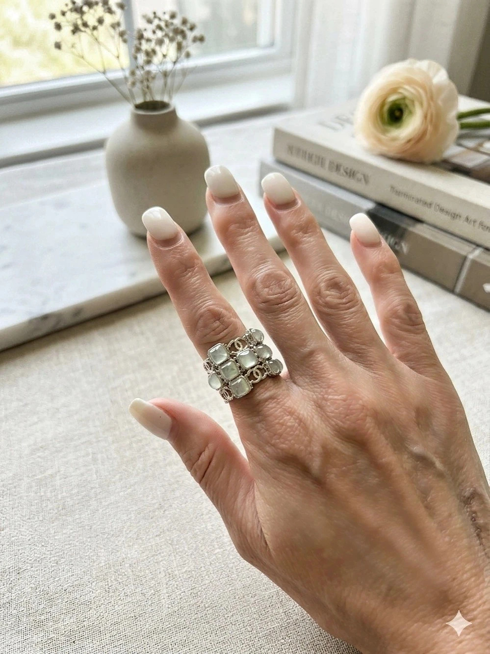 Silver-Tone Statement Ring with White Stones and Double C logo